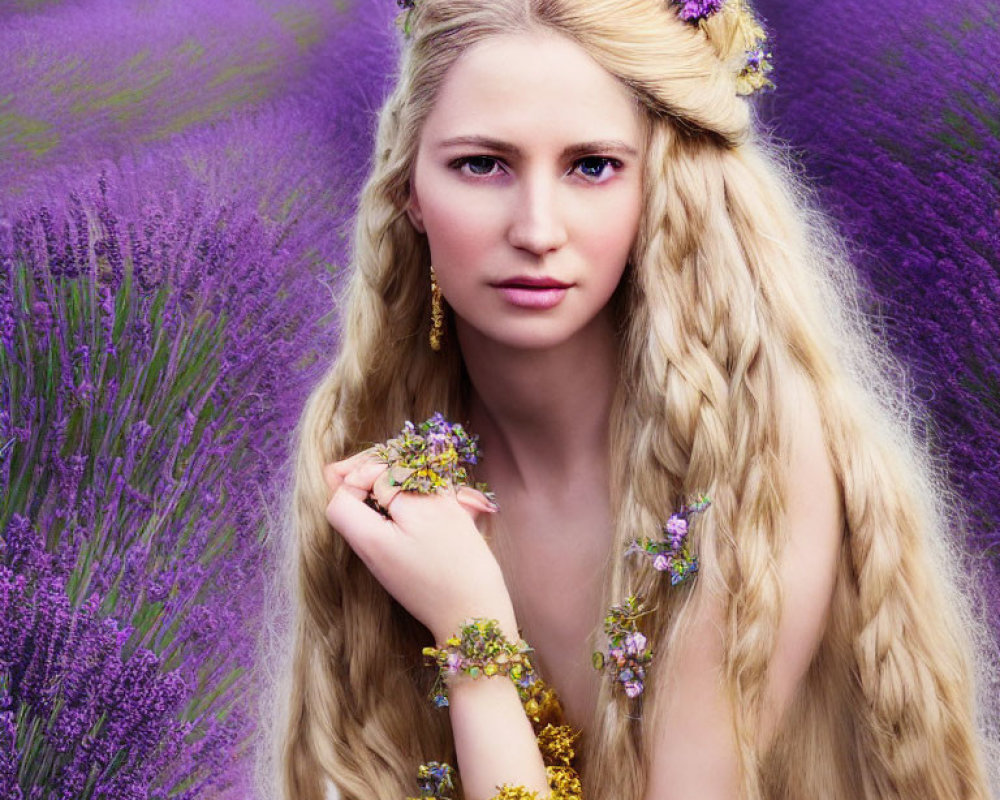 Blonde Woman with Braided Hair and Floral Jewelry in Lavender Field