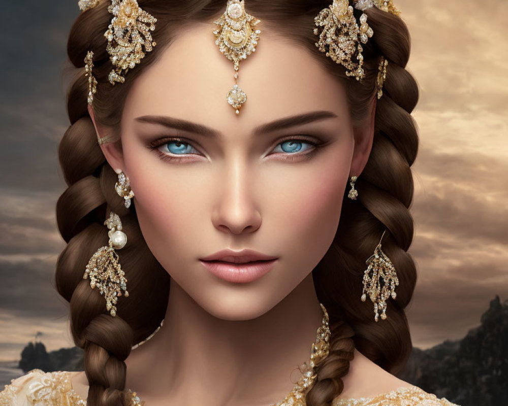 Portrait of Woman with Striking Blue Eyes and Golden Jewelry in Braided Hair
