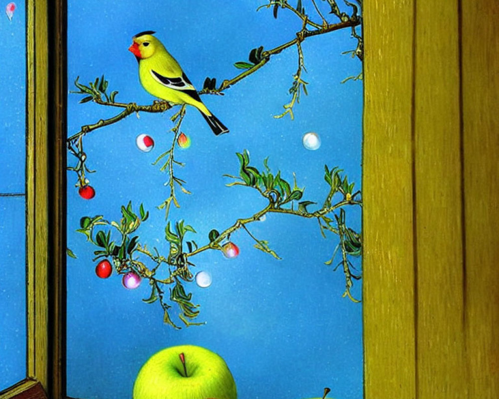 Colorful bird on blossoming branch with ripe apples on window sill