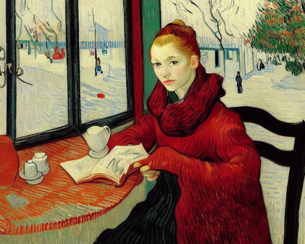 Woman in Red Outfit Reading Book at Café Table with Winter Scene