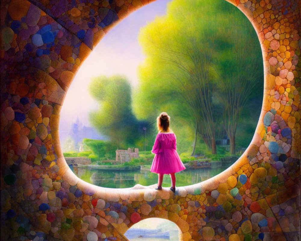 Girl in Pink Dress at Colorful Mosaic Archway Overlooking Serene Landscape