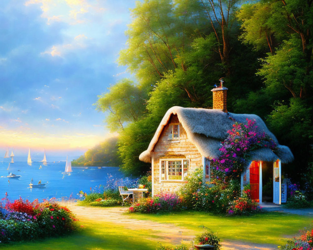 Thatched-Roof Cottage with Colorful Gardens by Serene Lake at Sunset