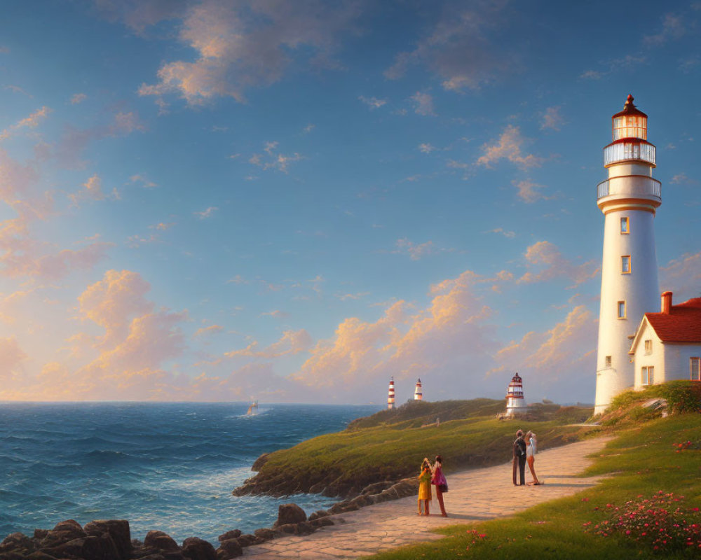 Scenic coastal view with tall white lighthouse and cloudy sky