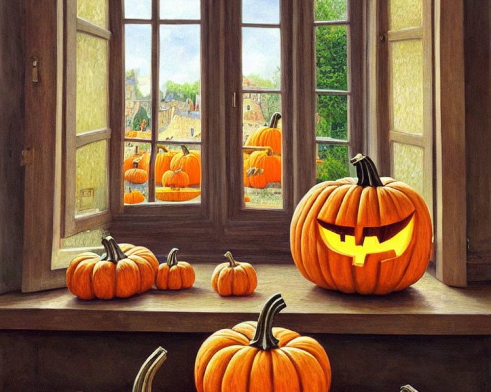 Cozy room with lit jack-o'-lantern and pumpkins overlooking village.