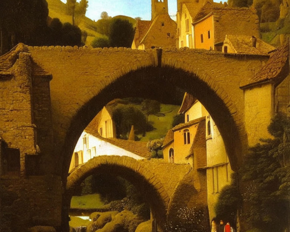 Tranquil village scene with stone bridge and lush hills
