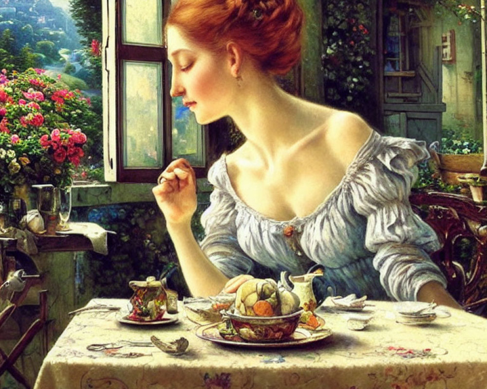 Red-haired woman sitting by window in tranquil setting with food and flowers.