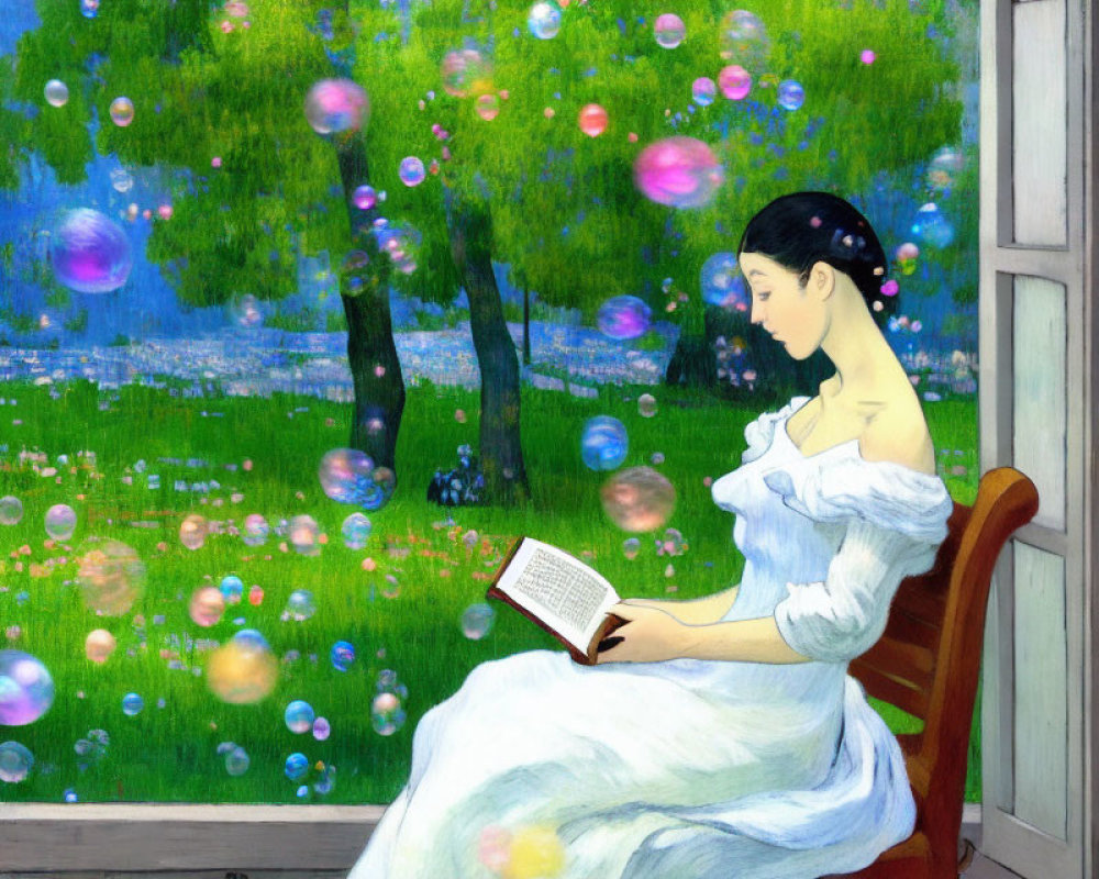 Serene woman in white dress reading by open window with vibrant landscape view
