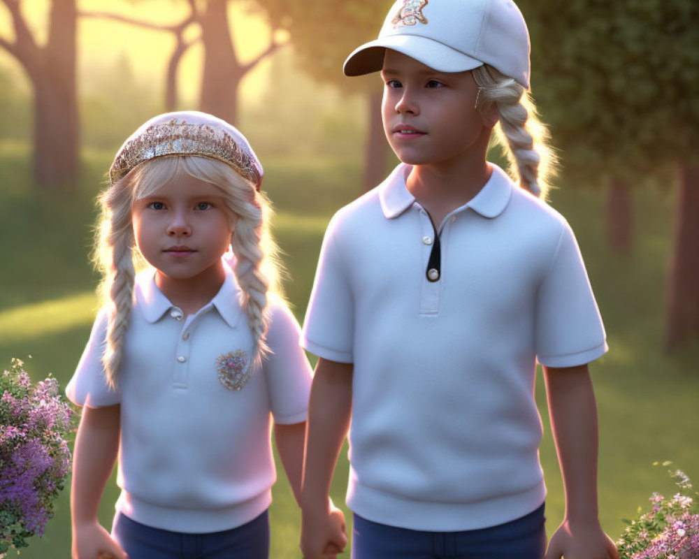 Two children in forest clearing: one in cap, one in headband