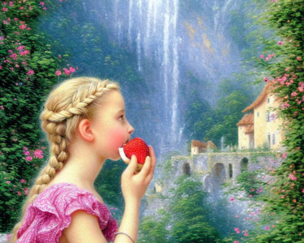 Young girl with braided hair eating strawberry near waterfall and house
