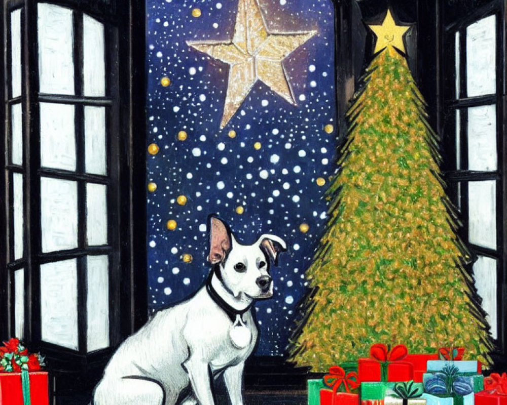 White Dog Sitting by Christmas Tree and Gifts in Snowy Night Scene