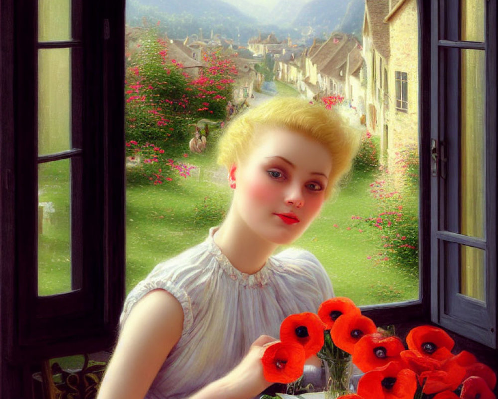 Blonde woman holding poppies looks out window at village street