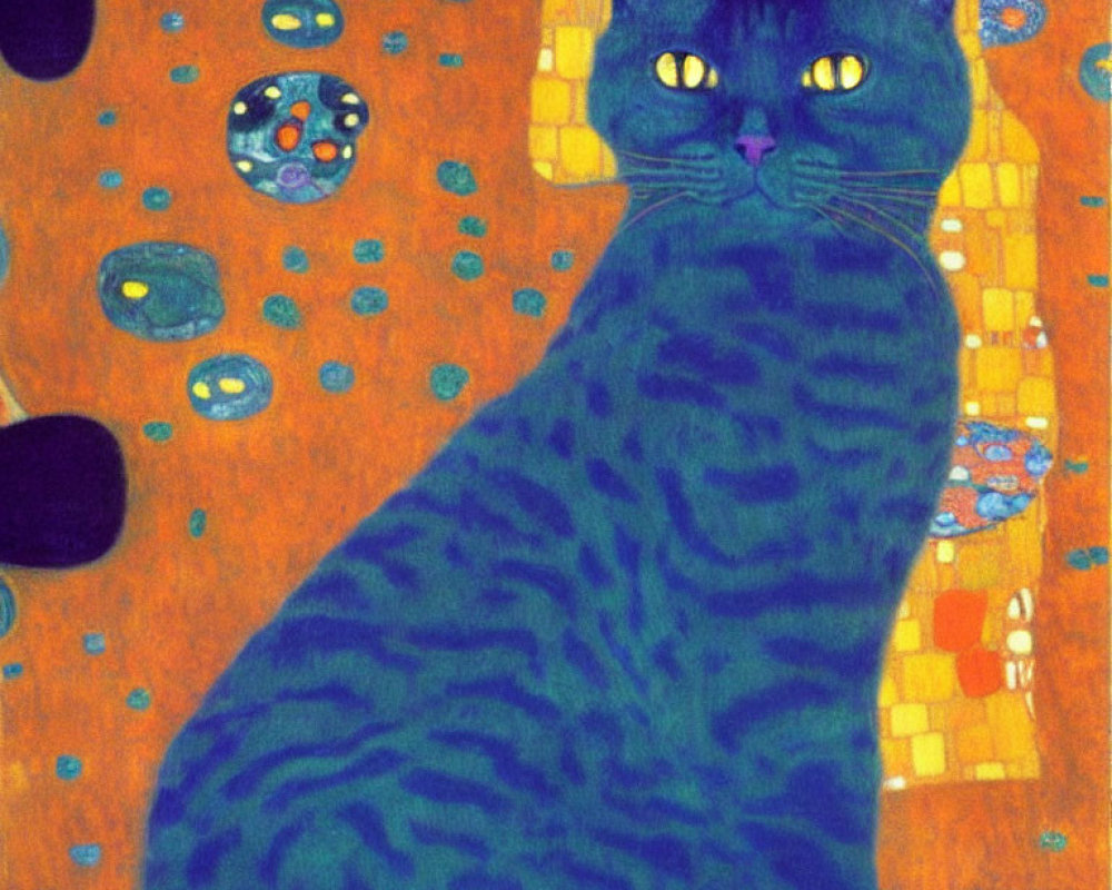 Stylized painting of large blue cat with patterned fur on golden background