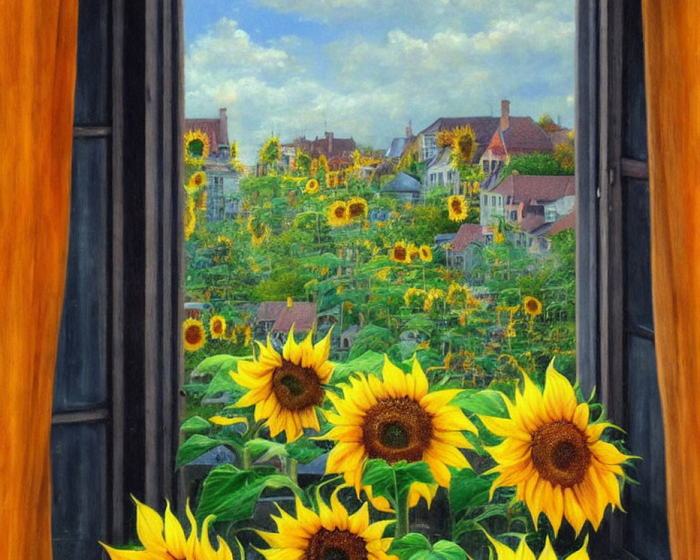 Colorful sunflowers painting with houses and cloudy sky view.