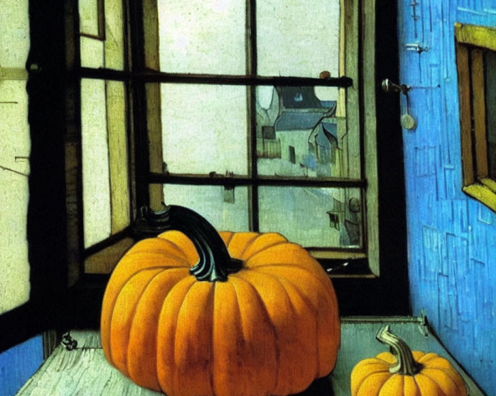 Still life painting: pumpkins on wooden table near window with city view and blue door