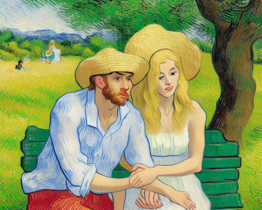 Colorful Man and Woman in Straw Hats on Green Bench with Rural Background