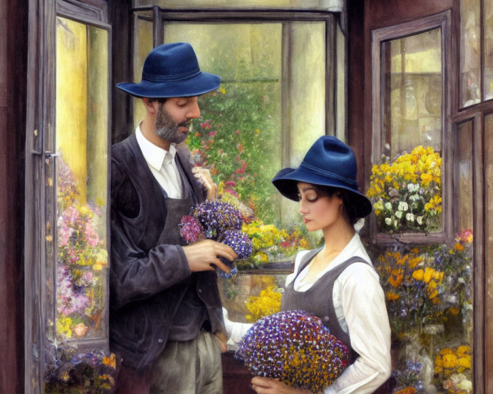Vintage Attired Man and Woman Exchanging Flowers by Open Door on Sunny Day