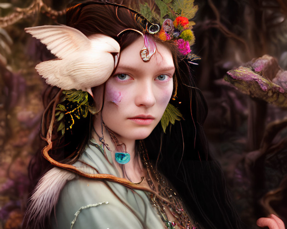 Young woman with ethereal look in mystical forest with flowers and bird