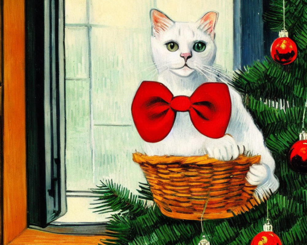 White Cat with Red Bow in Basket by Window with Christmas Decor