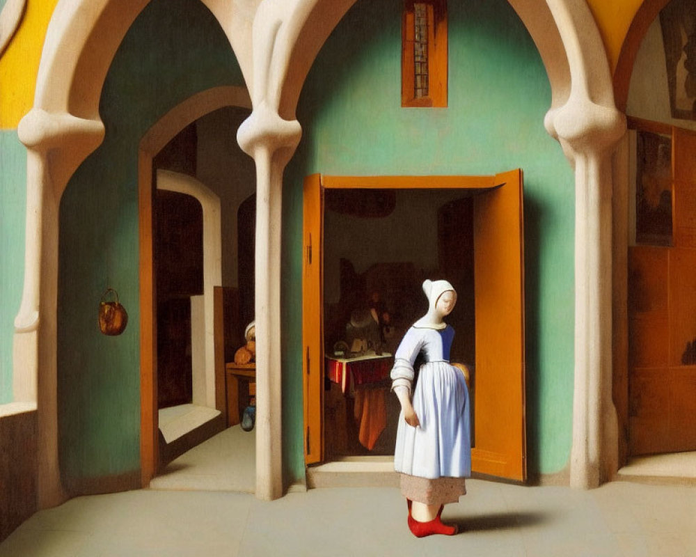Traditional dressed woman in sunlit courtyard gazes at shadowy doorway