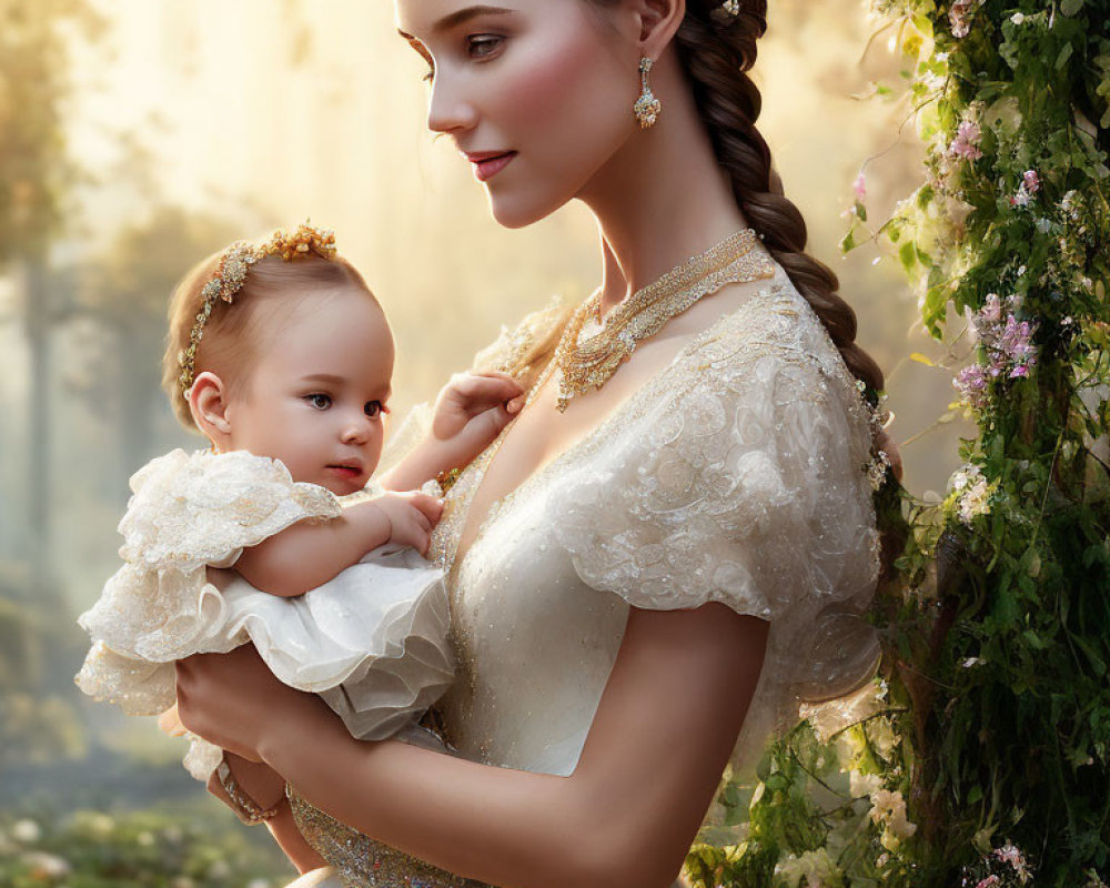 Woman in lace dress holding baby in serene garden setting