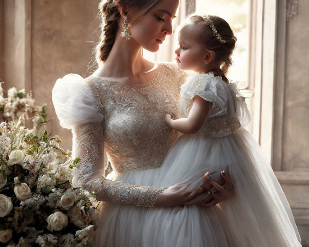 Bride embracing young girl in elegant setting