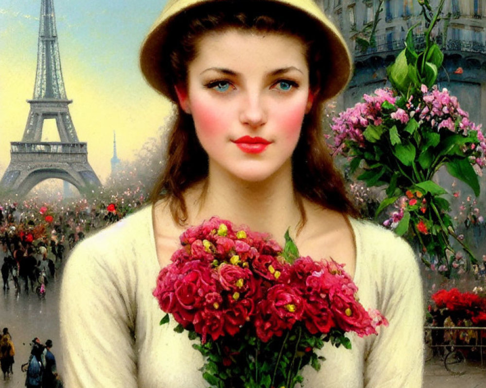 Vintage Outfit Woman Holding Red Roses with Eiffel Tower Background