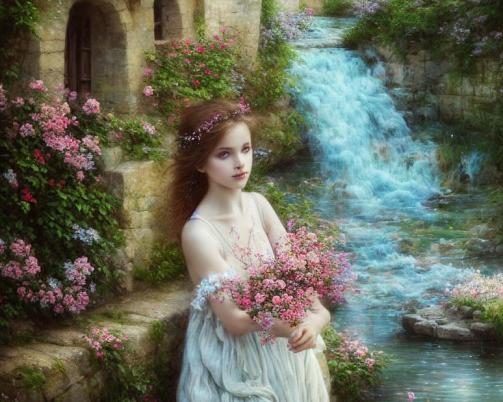 Young woman with floral crown by stream and stone house backdrop