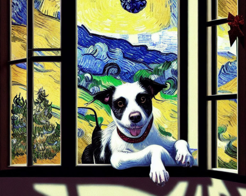 Black and white fur dog smiling by a window with Van Gogh's "Starry Night" in
