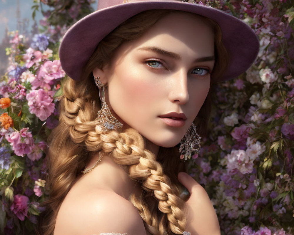 Woman with braided hair in lavender hat amid blooming flowers and elegant earrings.