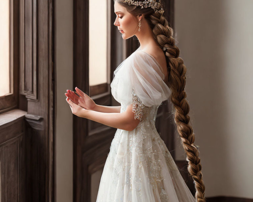 Elegant woman in white dress with beaded details and braided hairstyle by window