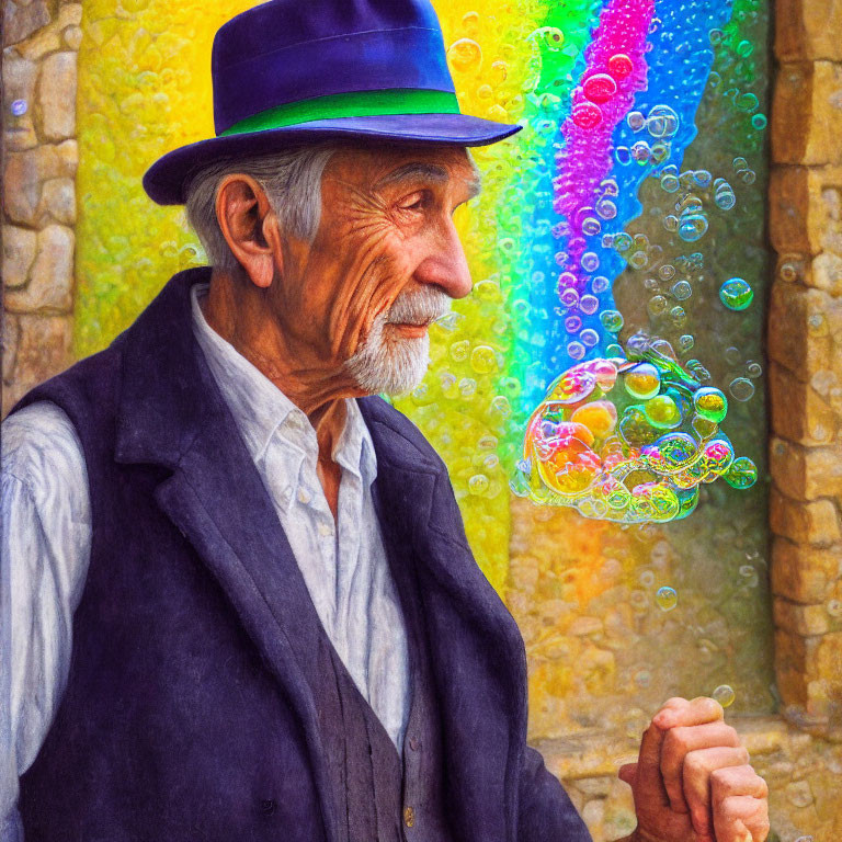 Elderly man in blue coat and hat watching soap bubbles on stone wall background