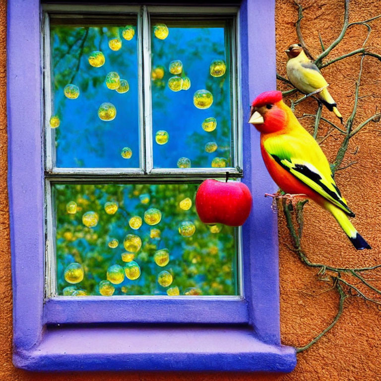 Colorful lilac window frame with yellow bird sculpture and apple-perched bird in a nature-themed setting