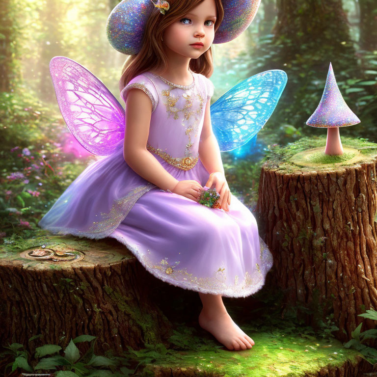 Young fairy girl with translucent wings in enchanted forest holding green gemstone