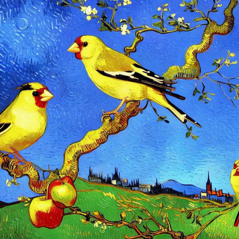 Colorful painting: Yellow birds on tree branch with red apples, starry night sky.