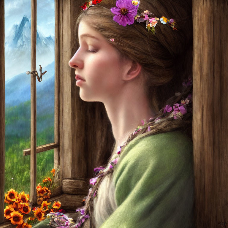Woman with floral crown gazes through wooden window at mountain landscape
