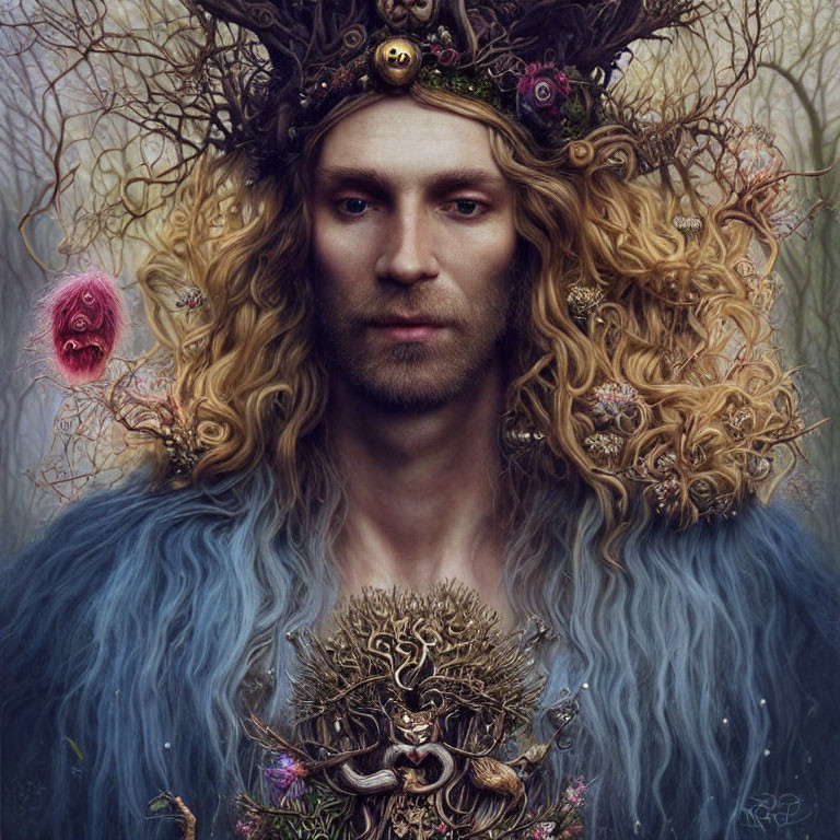 Blond-Haired Figure with Crown of Berries and Antlers in Blue Cape