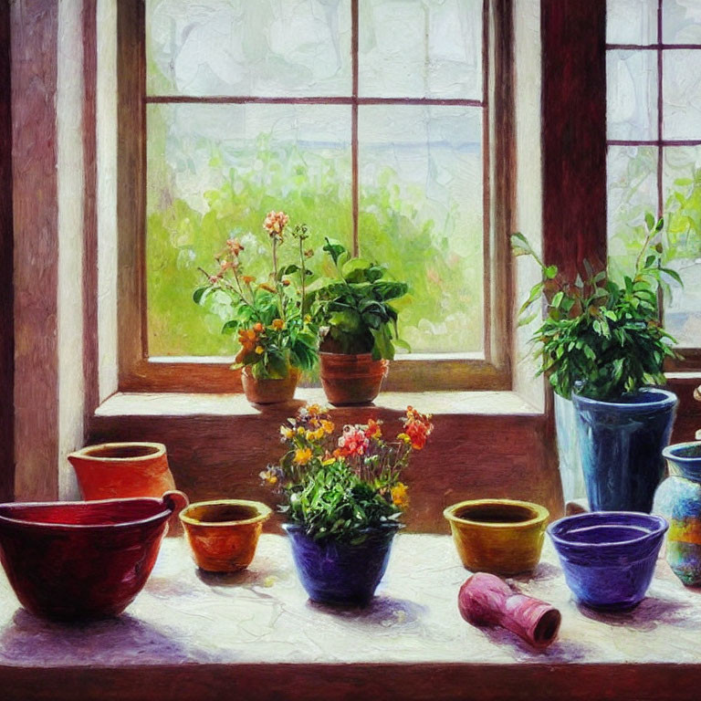 Colorful ceramic pots on sunlit windowsill with blooming flowers