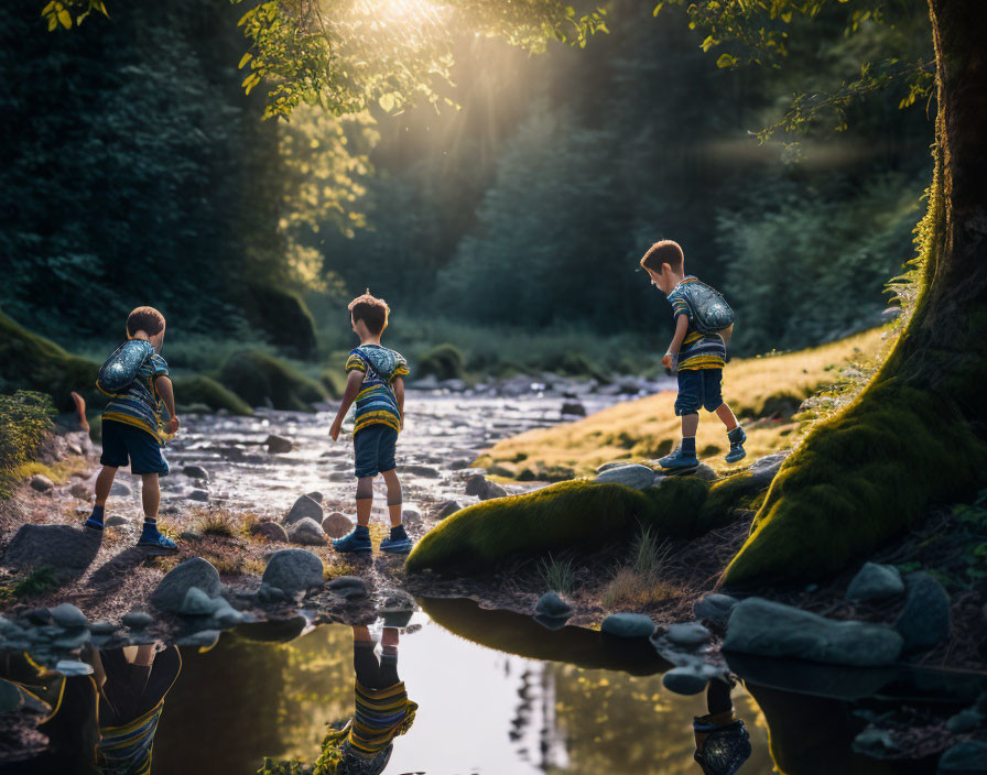 Young boys exploring river