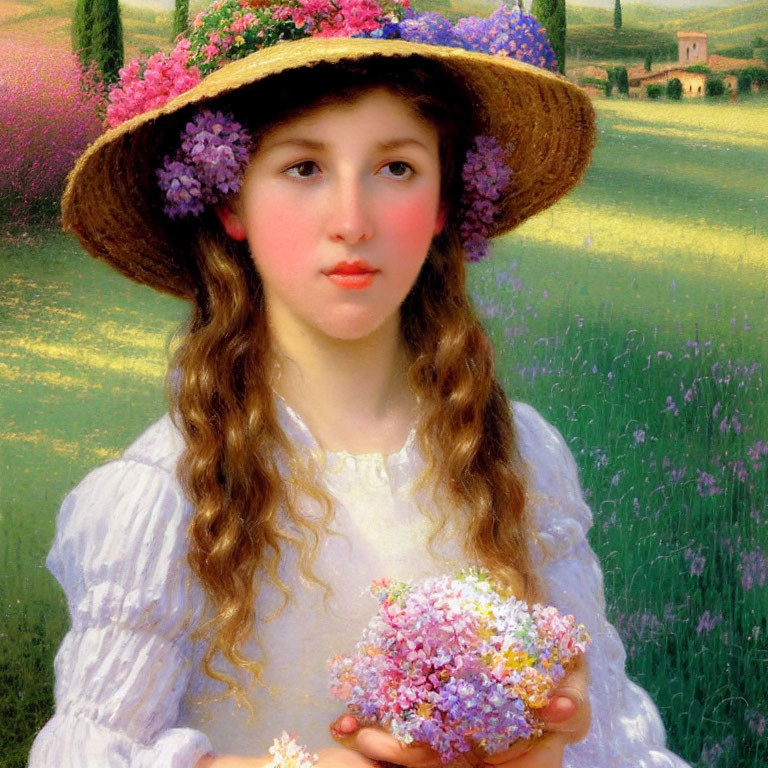 Young girl with curly hair in flower hat holding bouquet in serene landscape