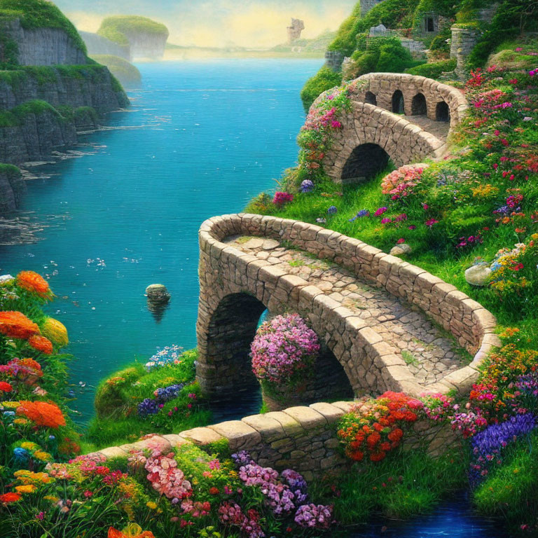 Fantasy landscape with stone bridge, river, flowers, and cliffs