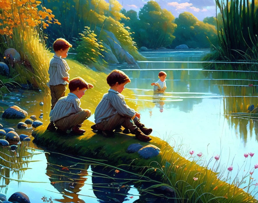 Four boys by serene riverbank in lush landscape at sunset