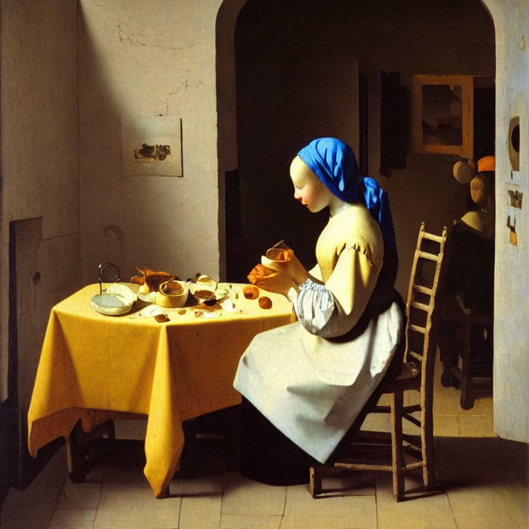 Woman in Blue Headscarf Examining Pitcher in Rustic Interior