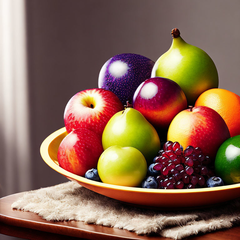 Assorted fruits in vibrant bowl on wooden table
