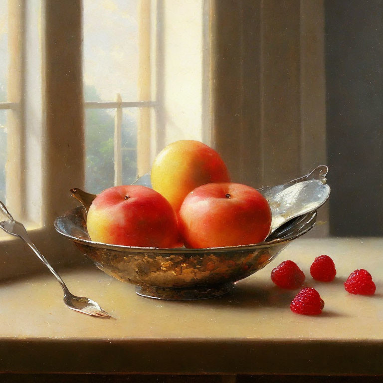 Classic still life painting with bowl of peaches, spoon, and raspberries on windowsill