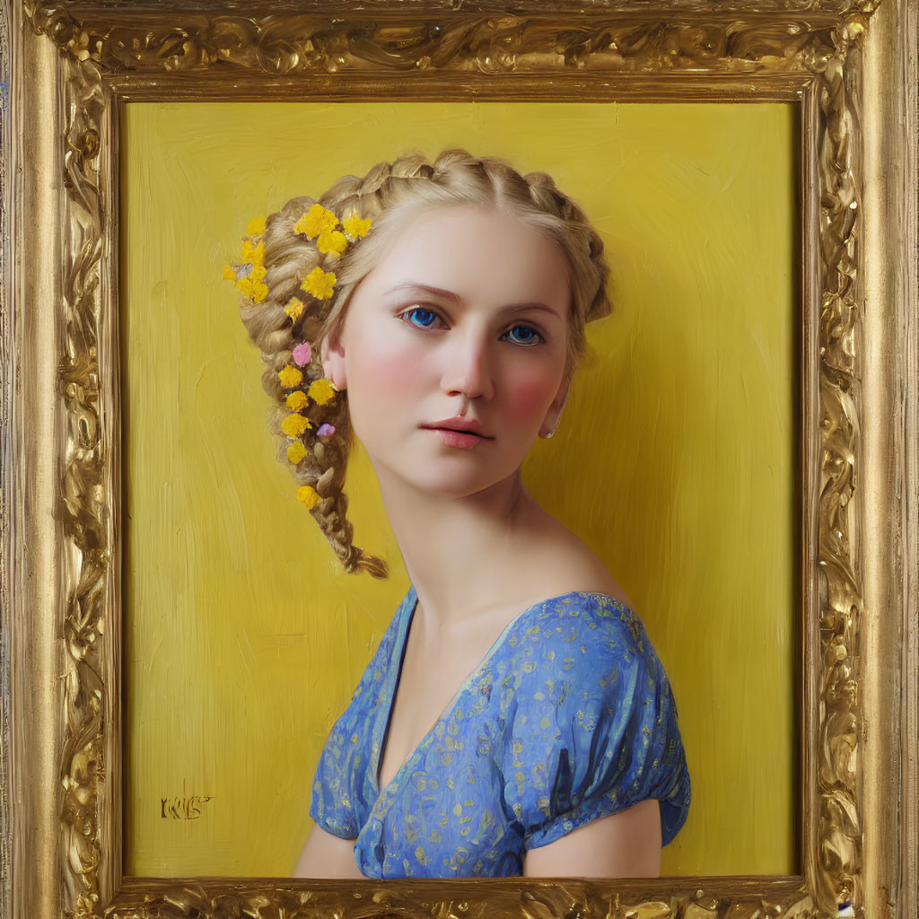 Portrait of young woman with braided hair and yellow flowers, in blue dress and ornate golden frame