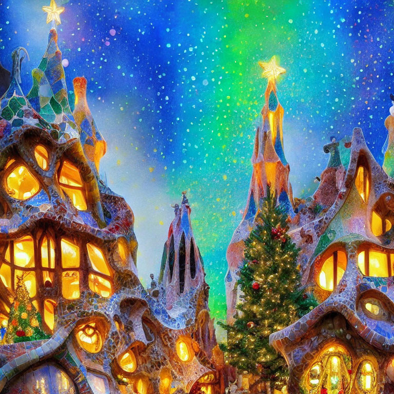 Whimsical Christmas-themed houses under starry sky