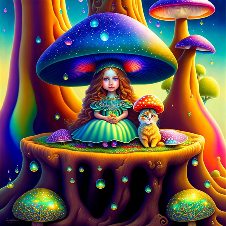 Fantasy illustration of girl on blue mushroom with cat in enchanted forest