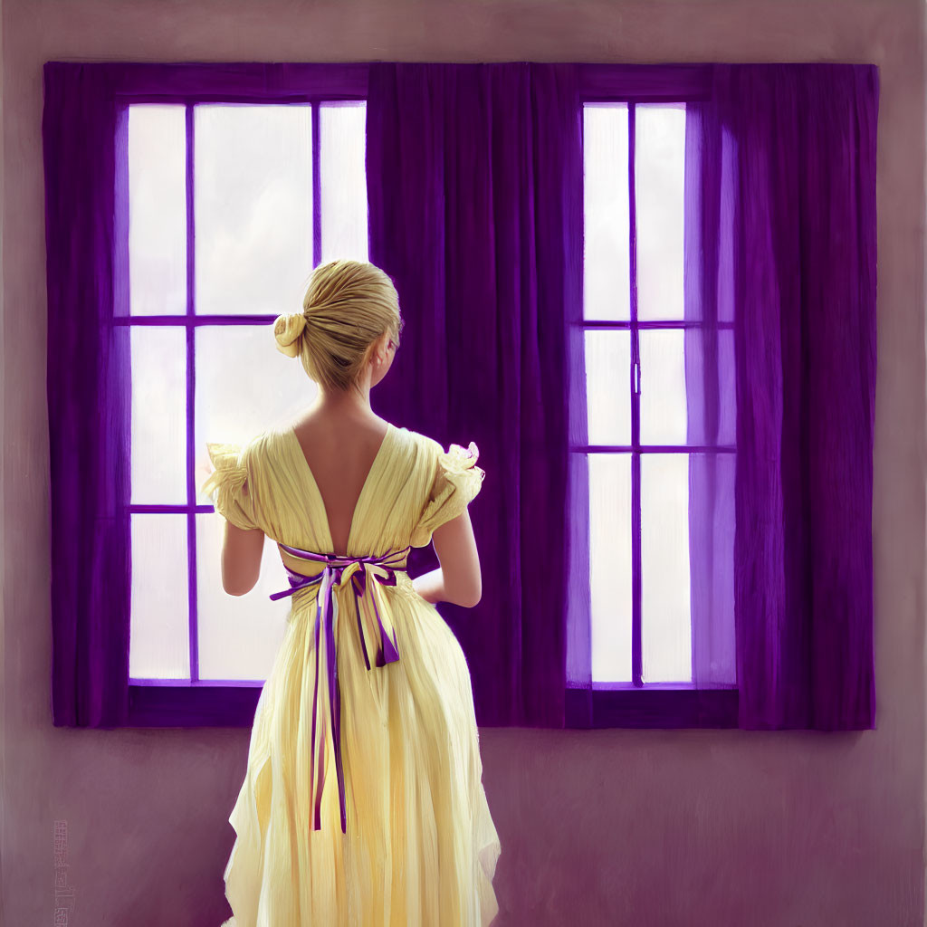 Woman in yellow dress by large window with purple curtains and soft light.