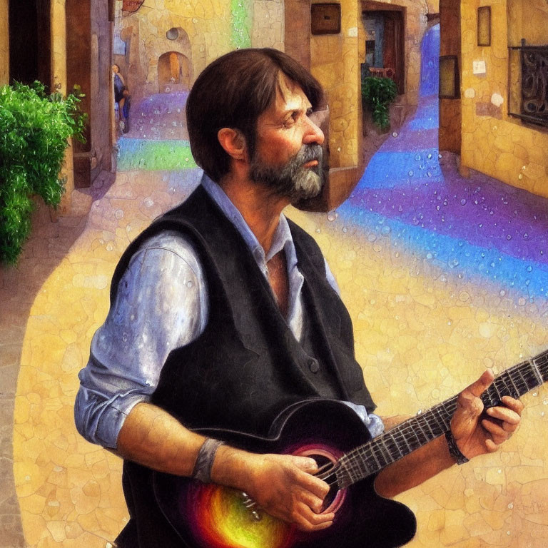 Bearded Street Musician Playing Acoustic Guitar on Cobblestone Streets