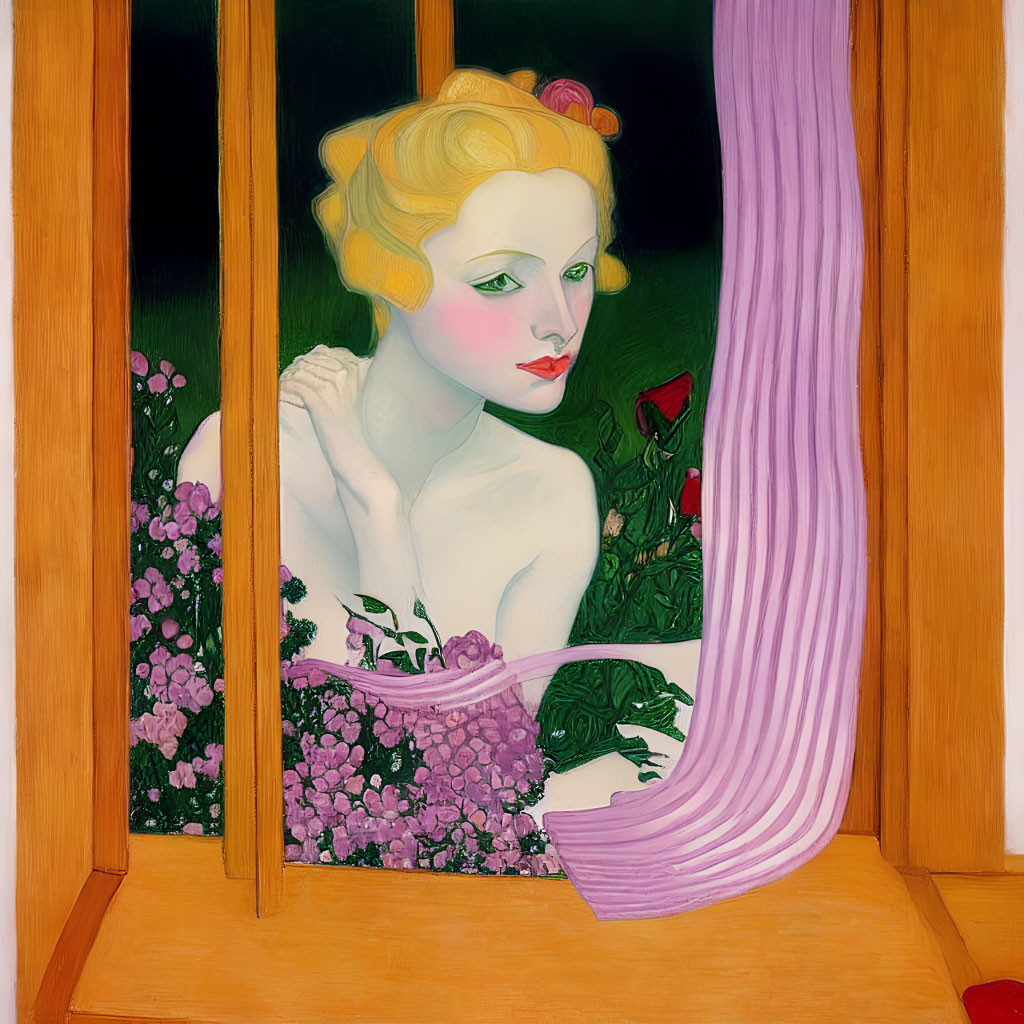 Blonde woman with flowers looking out window in illustrated scene